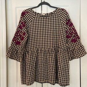 Layerz Willow Top. Black and cream gingham with plum embroidered sleeves.